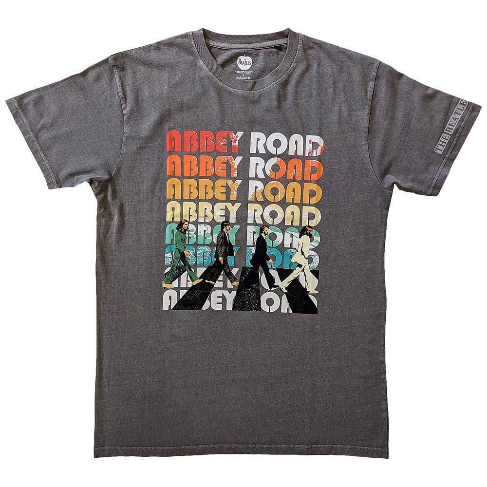 The Beatles Unisex T-Shirt: Abbey Stacked (Charcoal Grey) (Sleeve Print)