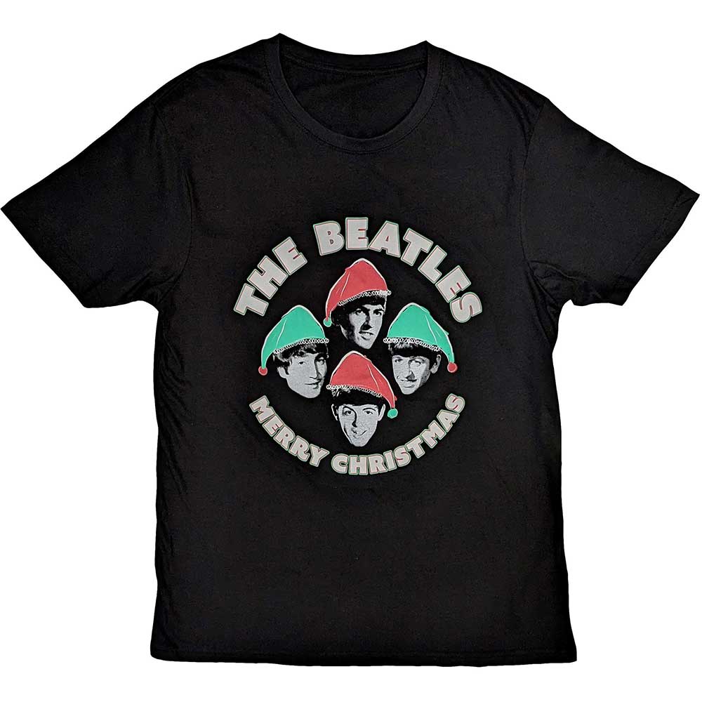 The Beatles Unisex T-Shirt: Christmas Hats (Black)