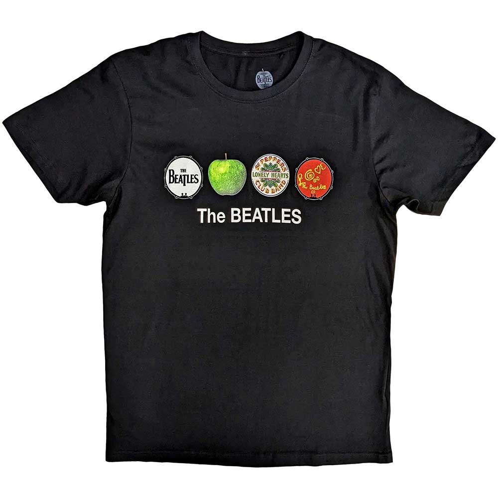 The Beatles Unisex T-Shirt: Apple & Drums (Black)