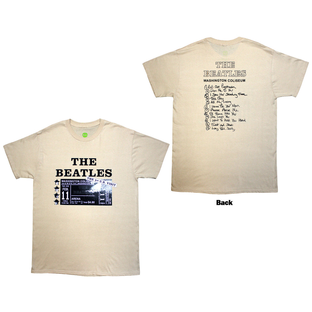 The Beatles Unisex T-Shirt: Washington '64 Promo & Setlist (Sand) (Back Print)