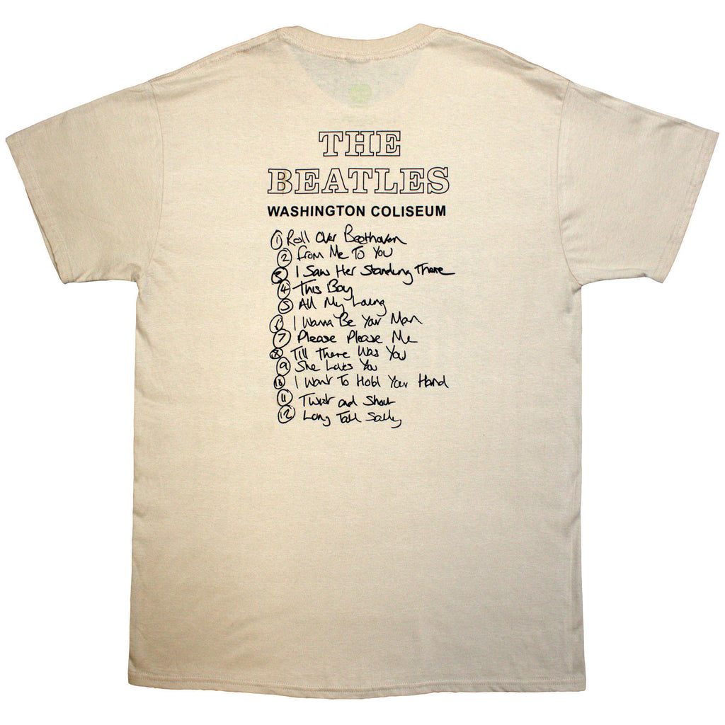 The Beatles Unisex T-Shirt: Washington '64 Promo & Setlist (Sand) (Back Print)