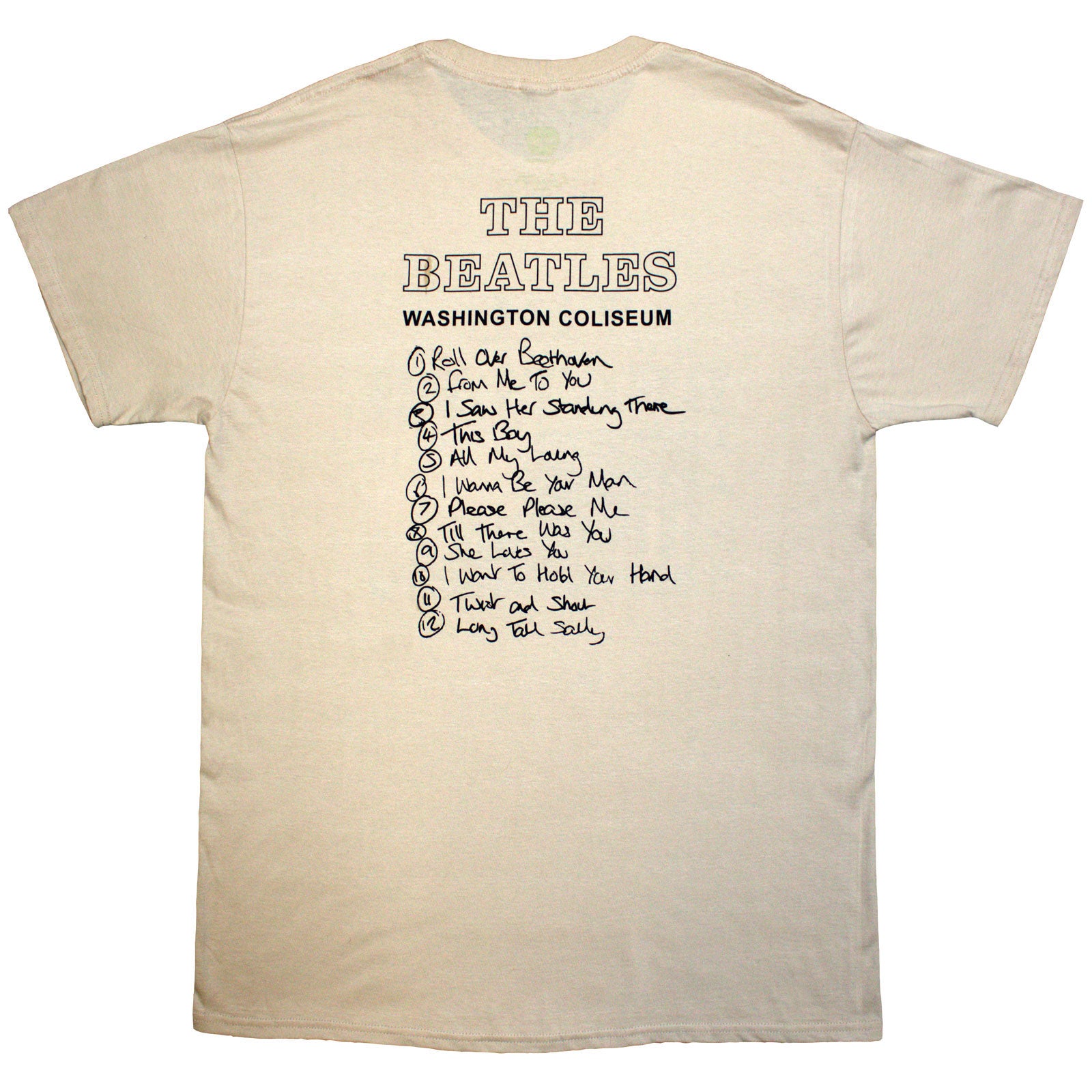 The Beatles Unisex T-Shirt: Washington '64 Promo & Setlist (Sand) (Back Print)
