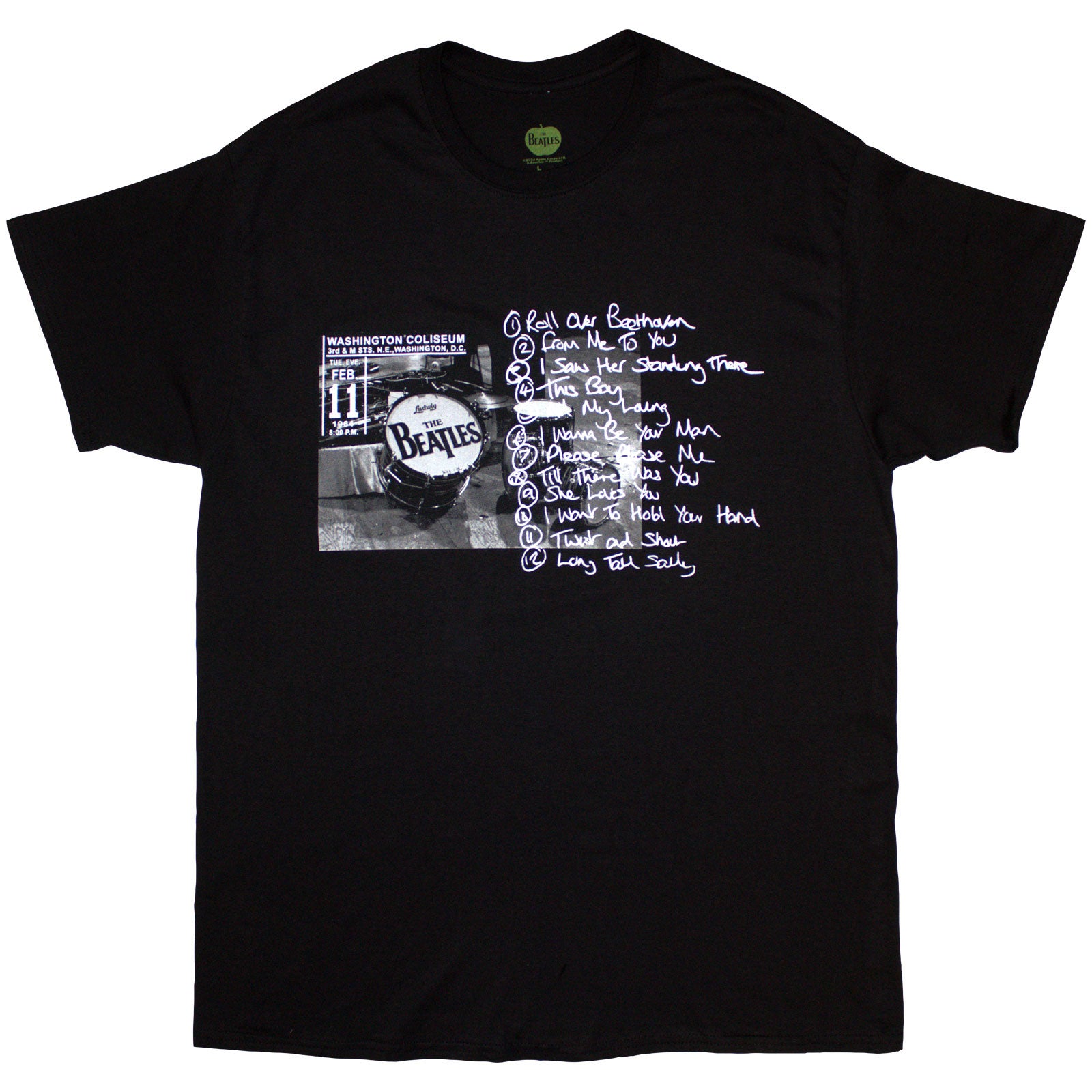 The Beatles Unisex T-Shirt: Washington '64 Drum Photo & Setlist (Black)