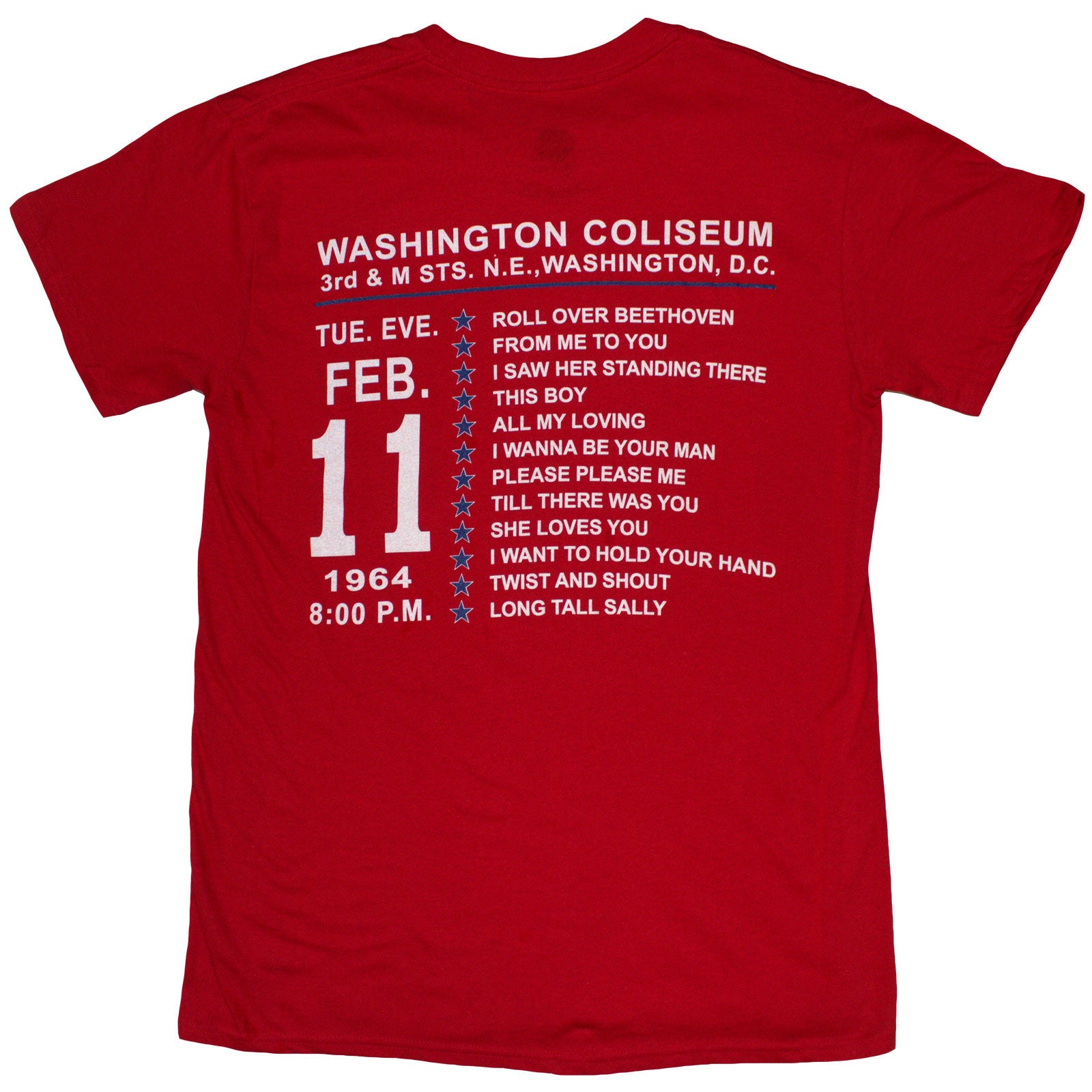 The Beatles Unisex T-Shirt: Washington '64 Stars Setlist (Red) (Back Print)