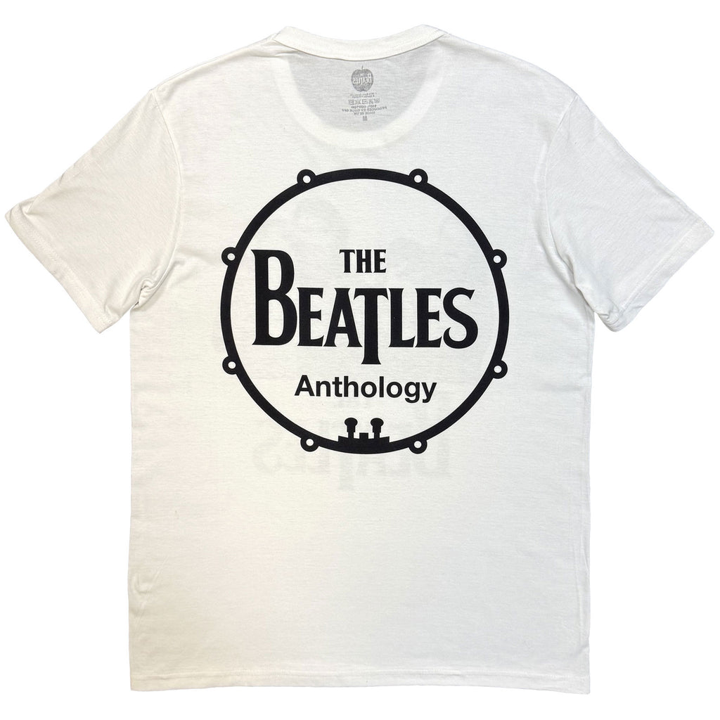 The Beatles Unisex T-Shirt: Group Photo Anthology Drum (White) (Back Print)