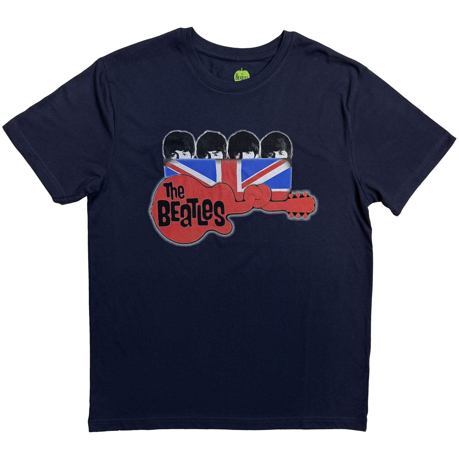 The Beatles Unisex T-Shirt: Guitar & Flag (Navy Blue)
