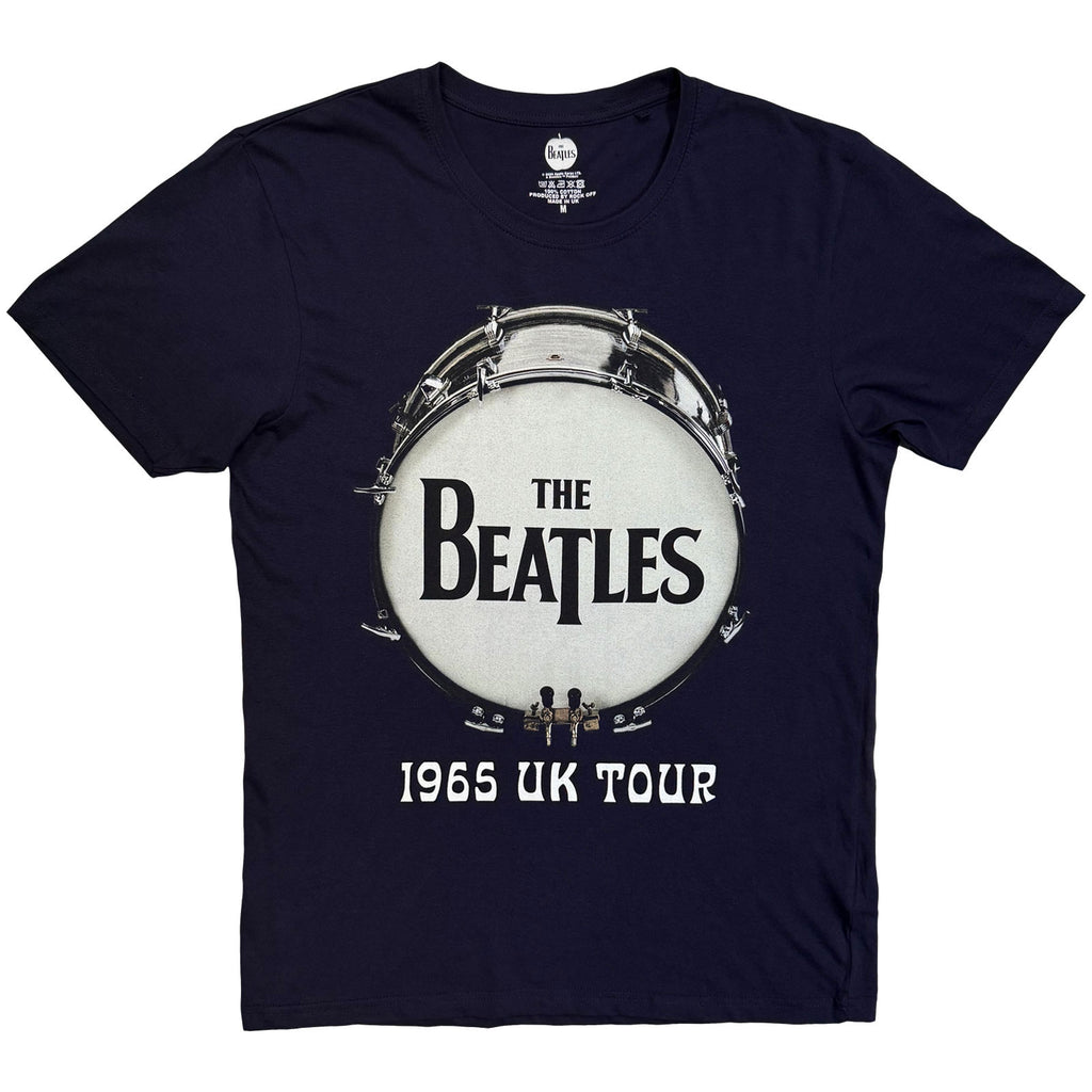 The Beatles Unisex T-Shirt: 1965 UK Tour Ringo Drum (Navy Blue) (Back Print)