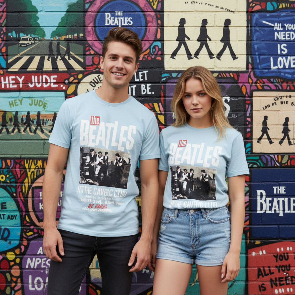 The Beatles Unisex Unplugged T-Shirt: Cavern (Light Blue) (Back Print)