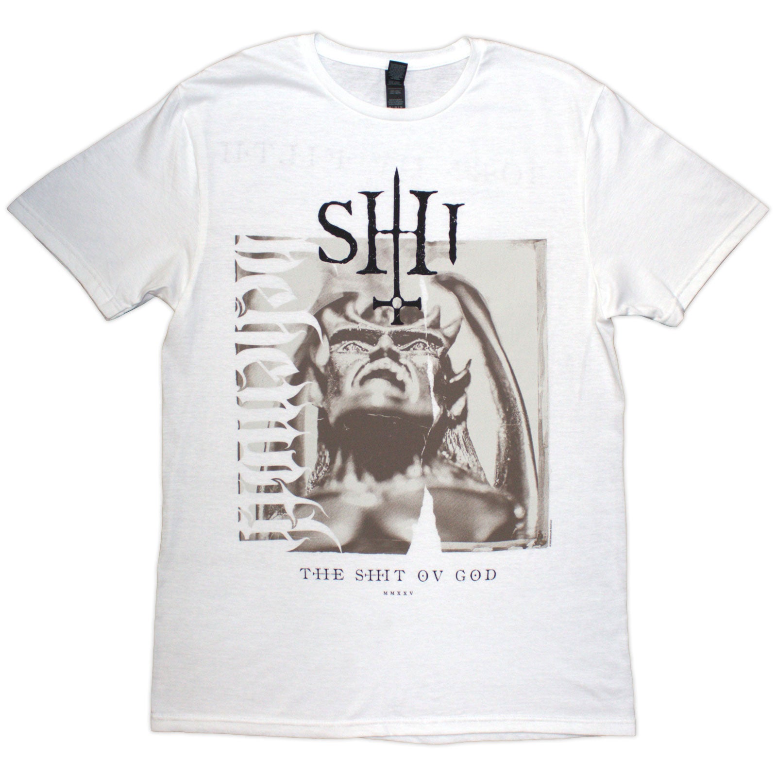 Behemoth Unisex T-Shirt: The Shit Ov God Sepia Parchment (White) (Back Print)