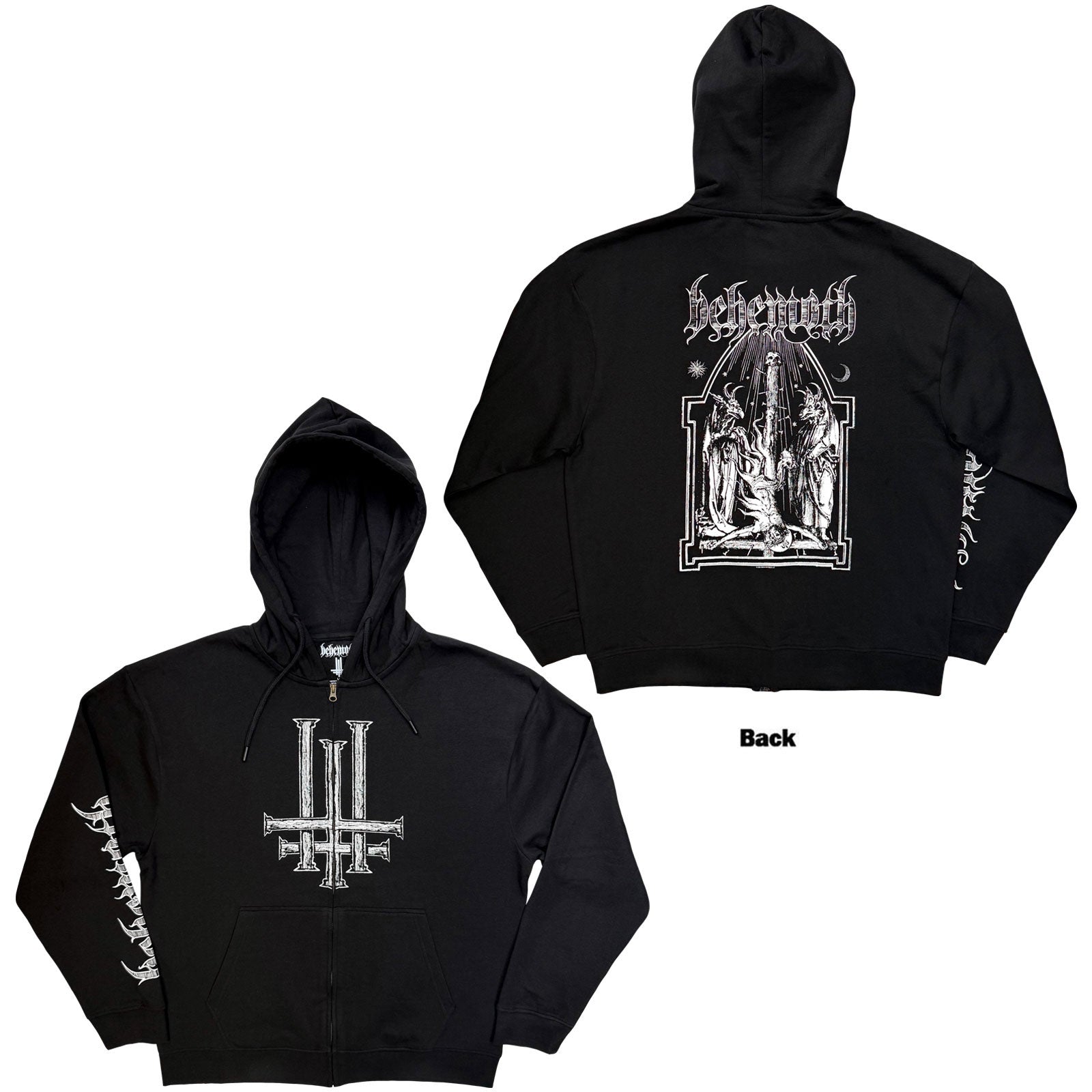 Behemoth Unisex Zipped Hoodie: Crucified (Black) (Back & Sleeve Print)