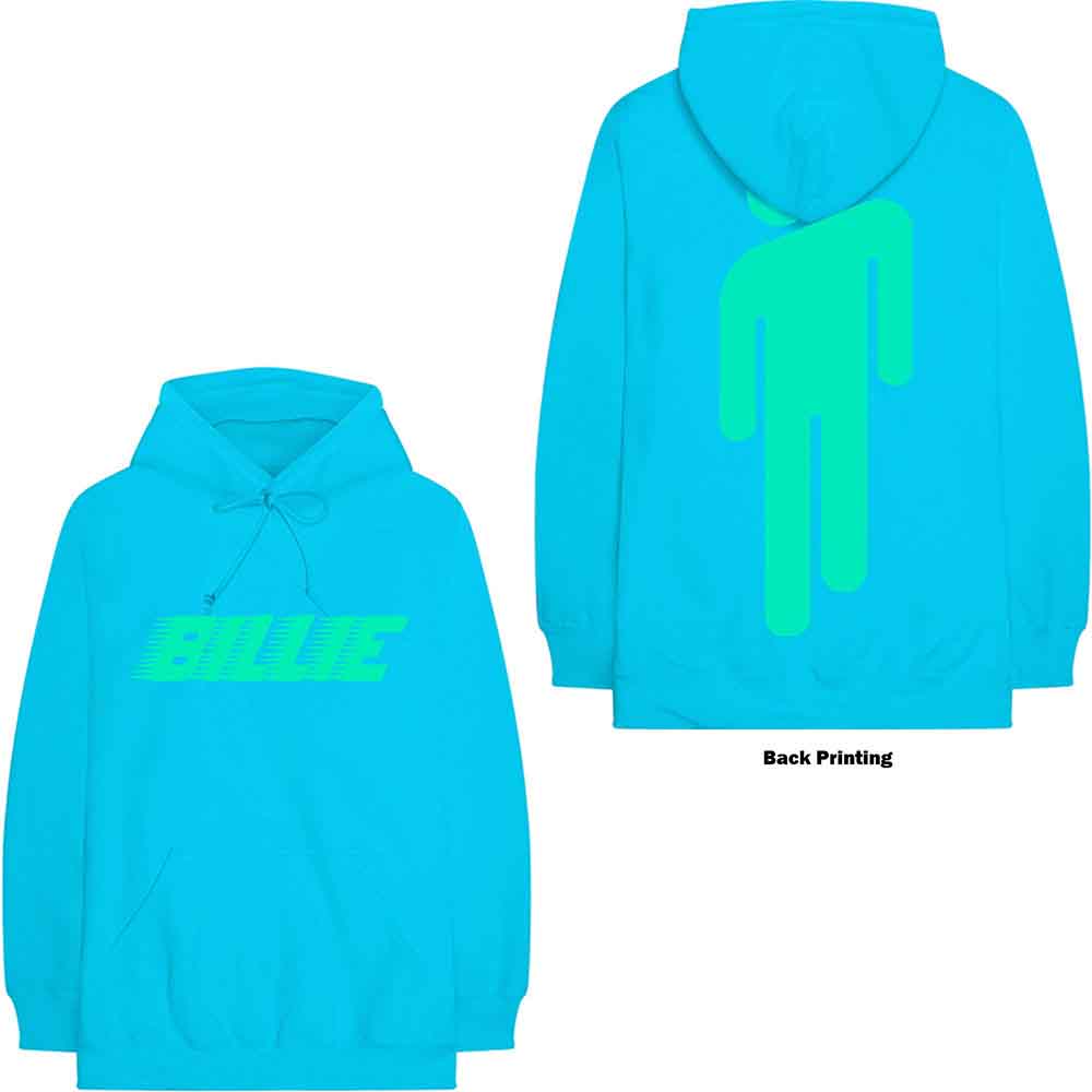 Billie Eilish Unisex Pullover Hoodie: Logo & Blohsh (Neon Blue) (Back Print)