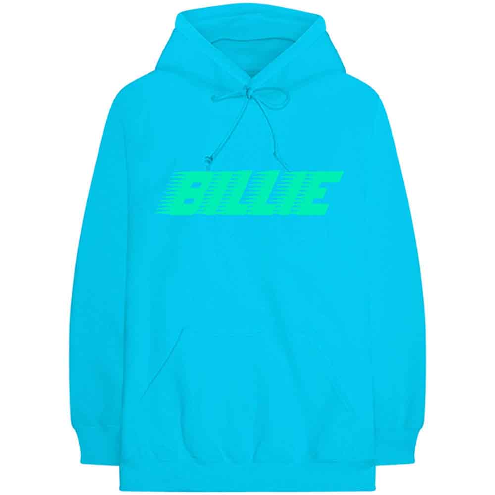 Billie Eilish Unisex Pullover Hoodie: Logo & Blohsh (Neon Blue) (Back Print)