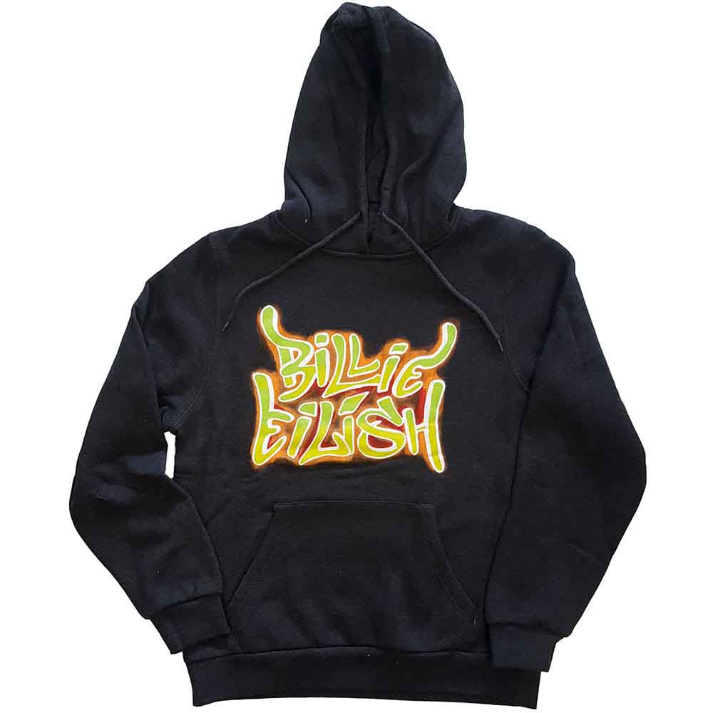 Billie Eilish Unisex Pullover Hoodie: Airbrush Flames Blohsh (Dark Grey) (Back Print)