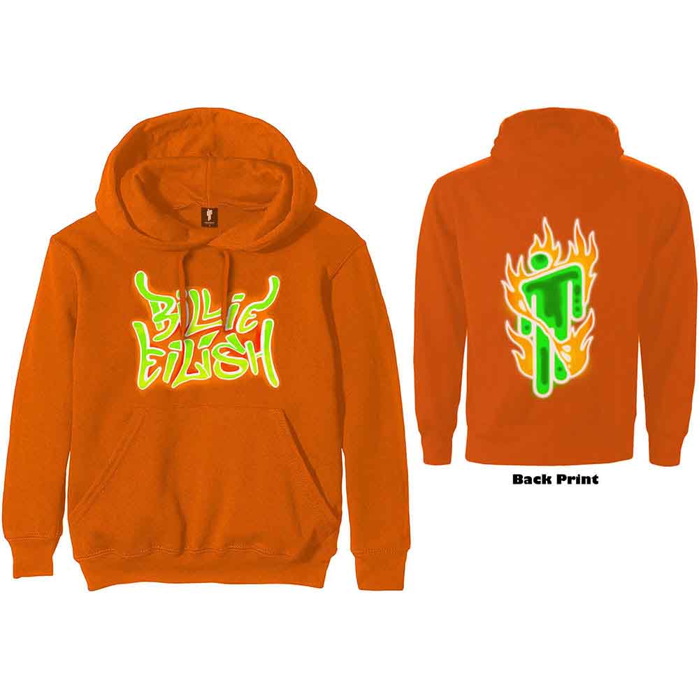 Billie Eilish Unisex Pullover Hoodie: Airbrush Flames Blohsh (Orange) (Back Print)