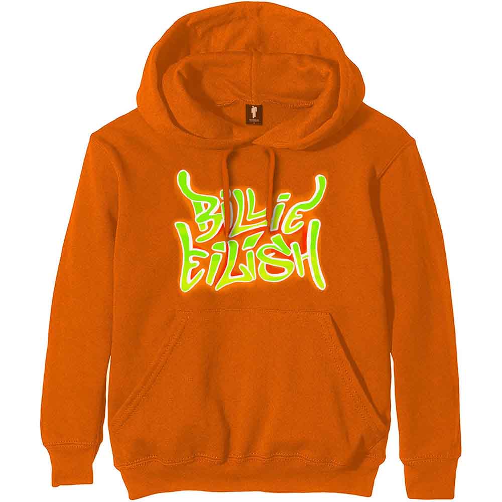 Billie Eilish Unisex Pullover Hoodie: Airbrush Flames Blohsh (Orange) (Back Print)