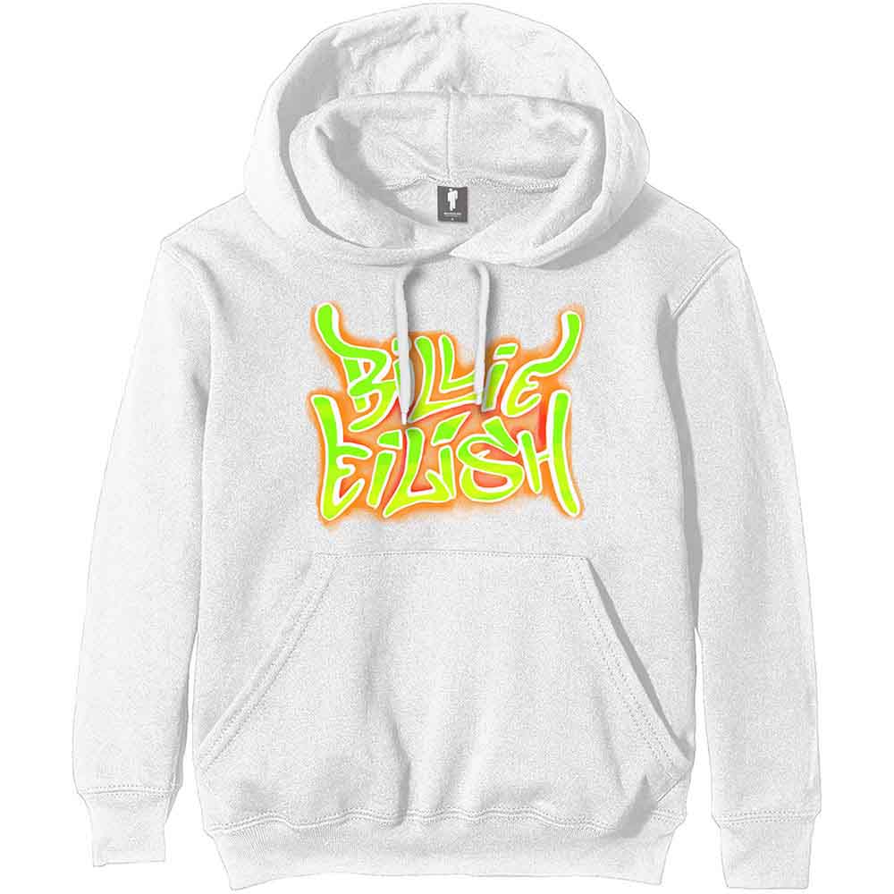 Billie Eilish Unisex Pullover Hoodie: Airbrush Flames Blohsh (White) (Back Print)