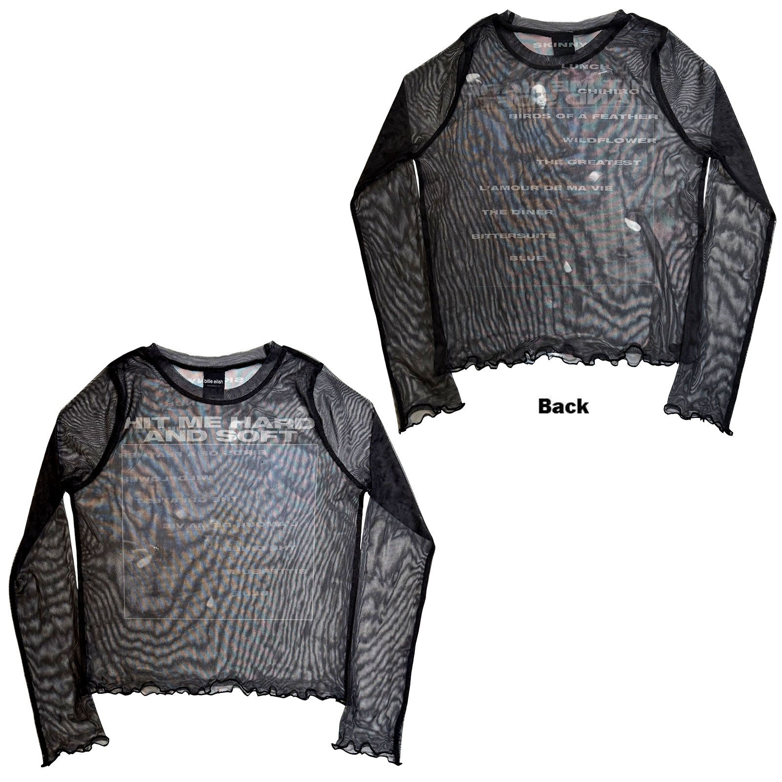 Billie Eilish Ladies Long Sleeve Mesh Crop Top: HMHAS Tracklist (Black) (Back Print)