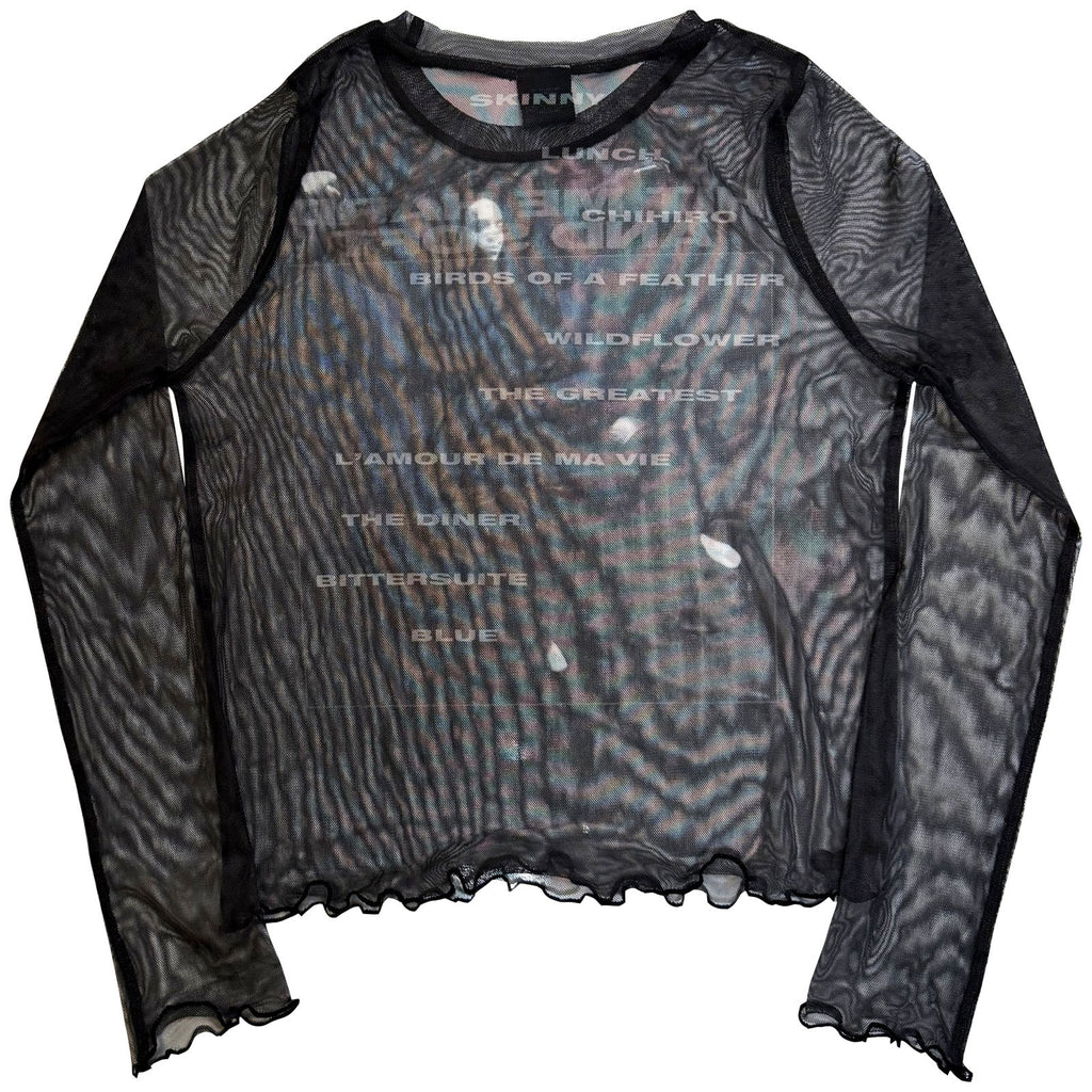 Billie Eilish Ladies Long Sleeve Mesh Crop Top: HMHAS Tracklist (Black) (Back Print)