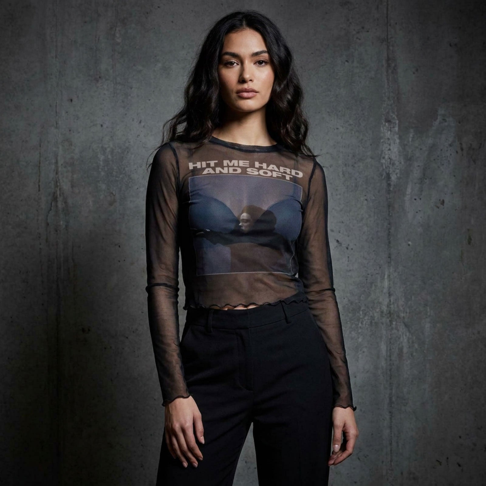 Billie Eilish Ladies Long Sleeve Mesh Crop Top: HMHAS Tracklist (Black) (Back Print)