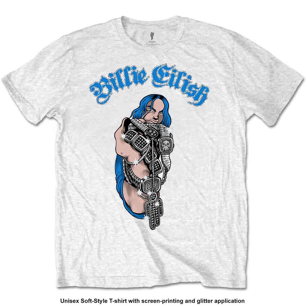 Billie Eilish Unisex T-Shirt: Bling Glitter Print (White) (Embellished)