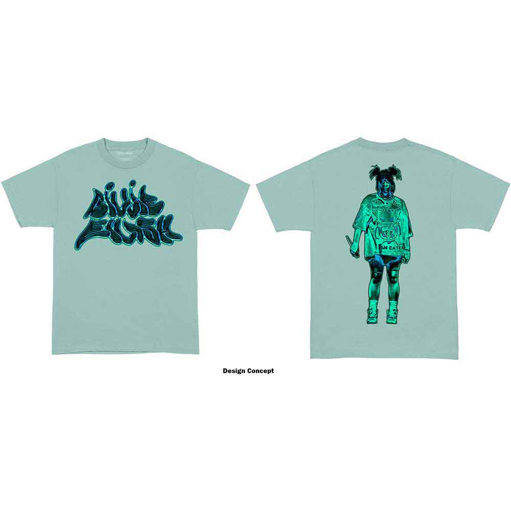 Billie Eilish Unisex T-Shirt: Neon Logo Billie (Blue) (Back Print)
