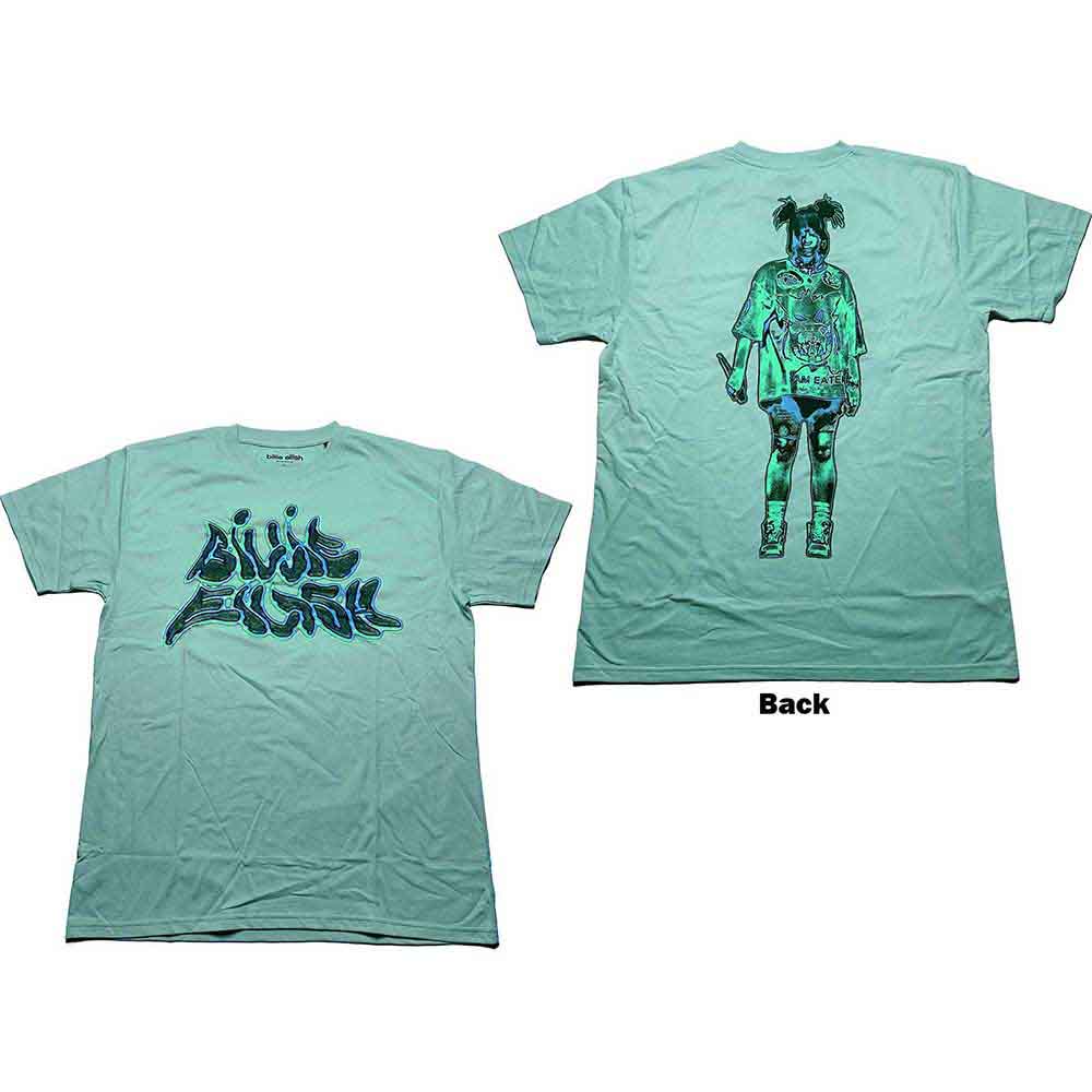 Billie Eilish Unisex T-Shirt: Neon Logo Billie (Blue) (Back Print)