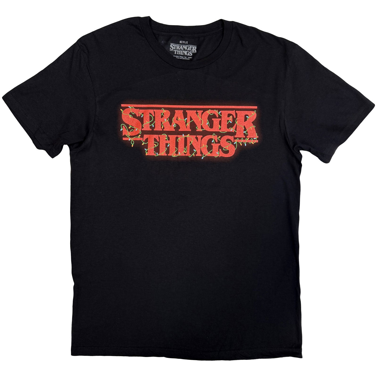 Stranger Things Unisex T-Shirt: Logo With Christmas Lights (Black)