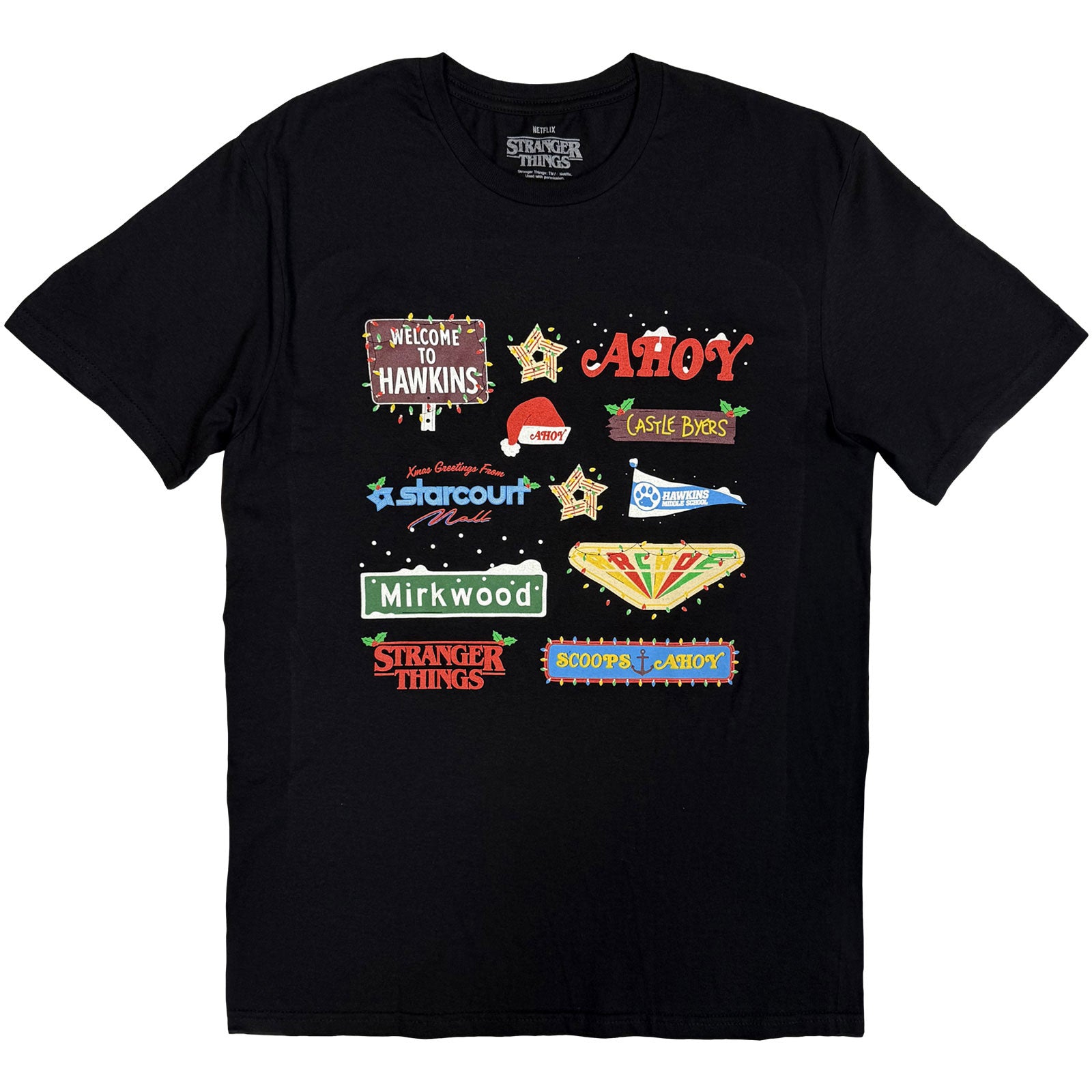 Stranger Things Unisex T-Shirt: Deck Christmas Sign (Black)