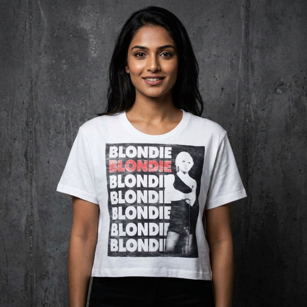 Blondie Ladies Crop Top: Stacked Logo (White)