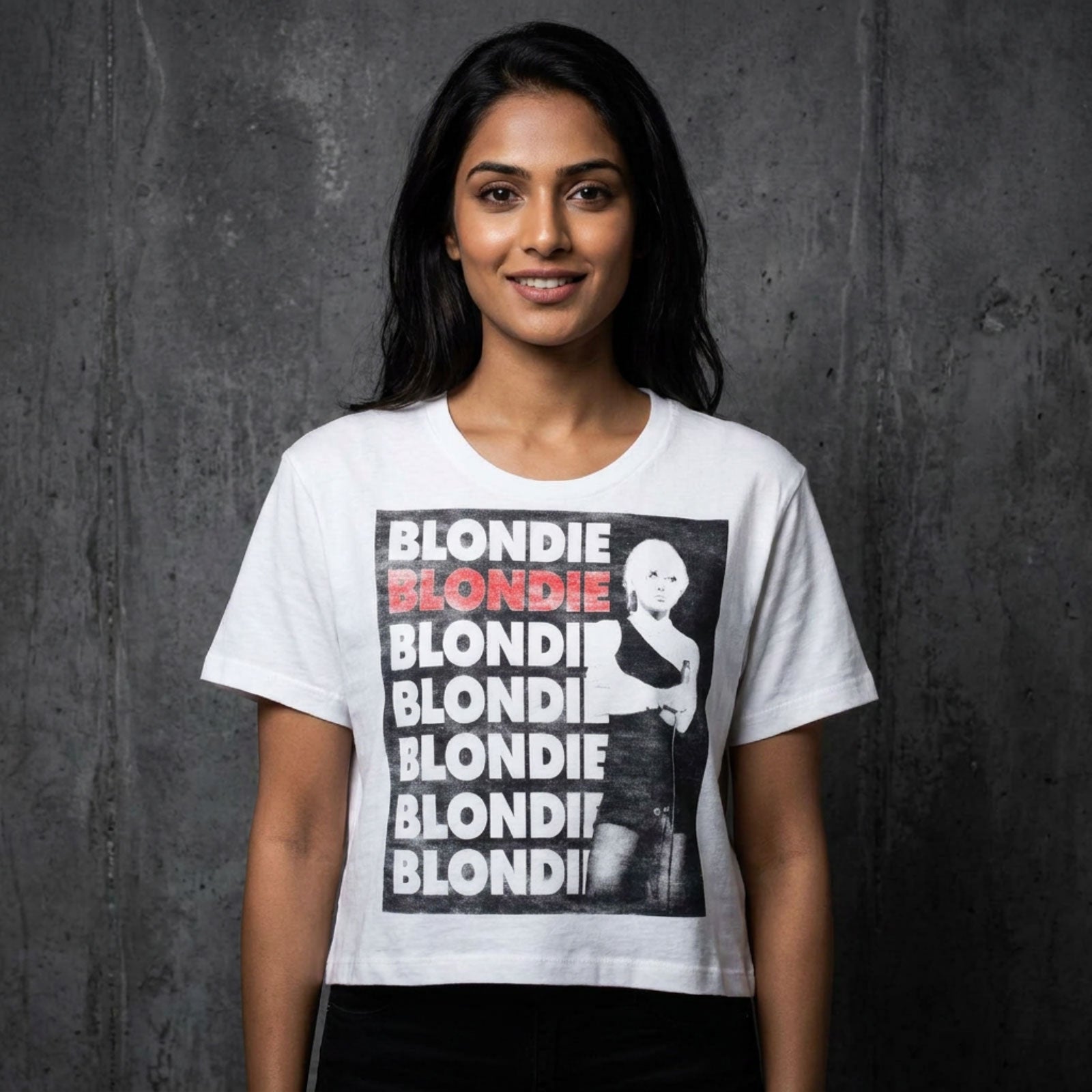 Blondie Ladies Crop Top: Stacked Logo (White)