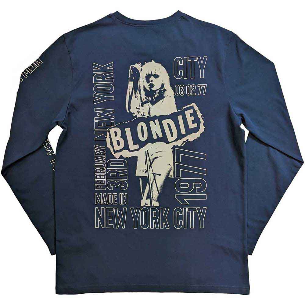 Blondie Unisex Long Sleeve T-Shirt: NYC '77 (Denim Blue) (Back & Sleeve Print)