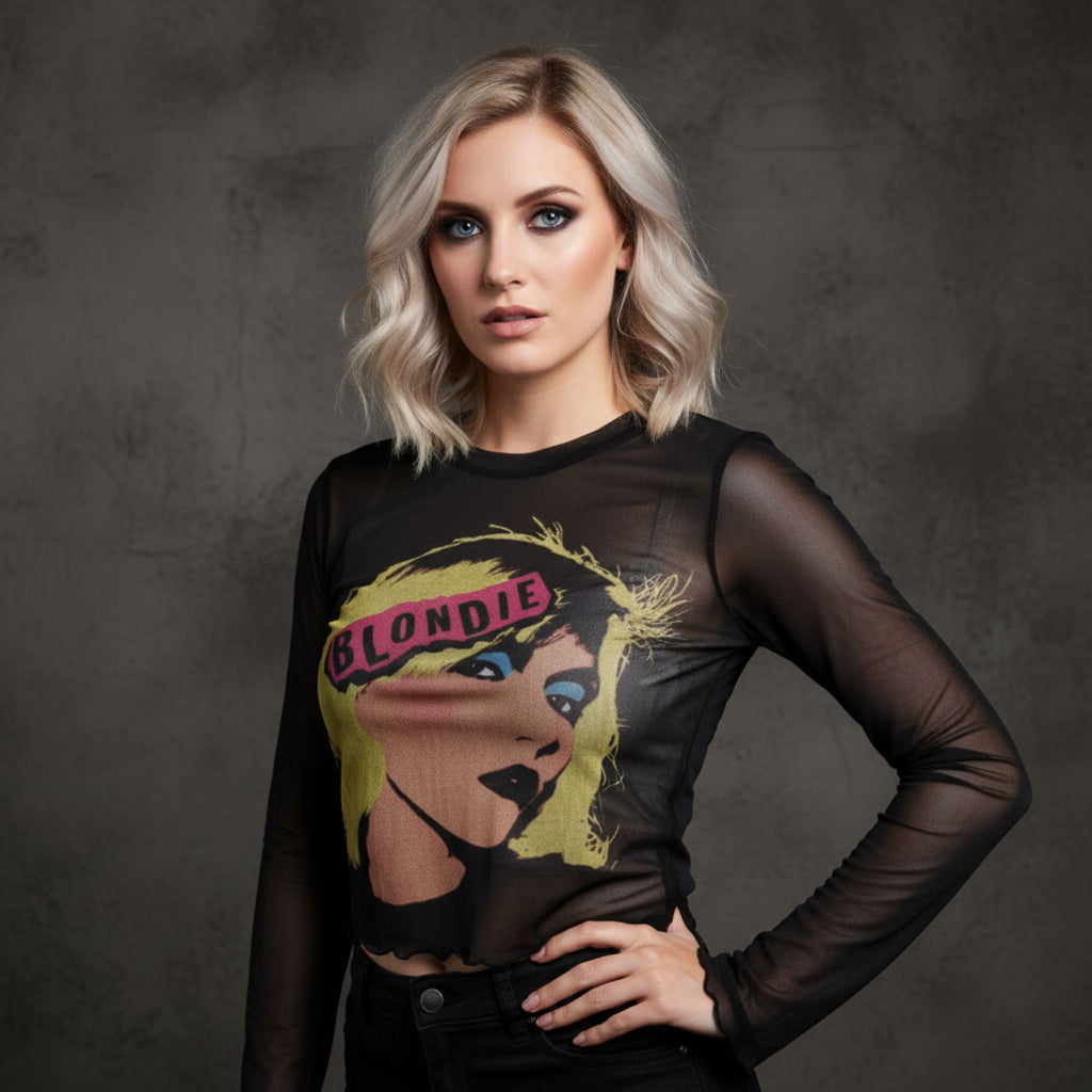 Blondie Ladies Long Sleeve Mesh Crop Top: Punk Poster (Black)
