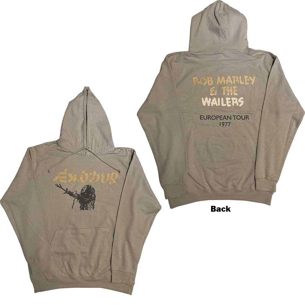Bob Marley Unisex Pullover Hoodie: Exodus Mic Photo Wailers Tour 77 (Sand) (Back Print & Hi-Build)