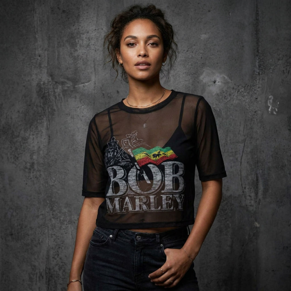 Bob Marley Ladies Mesh Crop Top: Logo (Black)