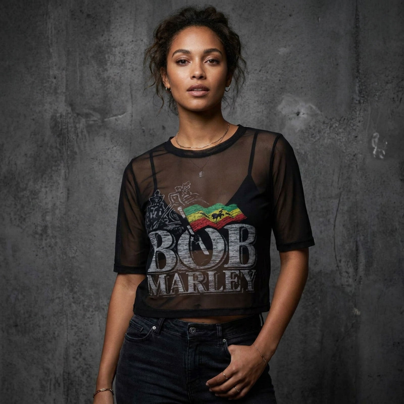Bob Marley Ladies Mesh Crop Top: Logo (Black)