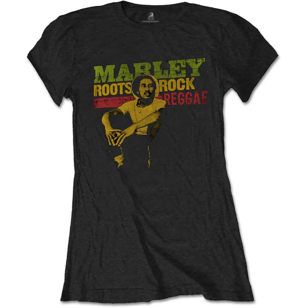 Bob Marley Ladies T-Shirt: Roots, Rock, Reggae (Black)