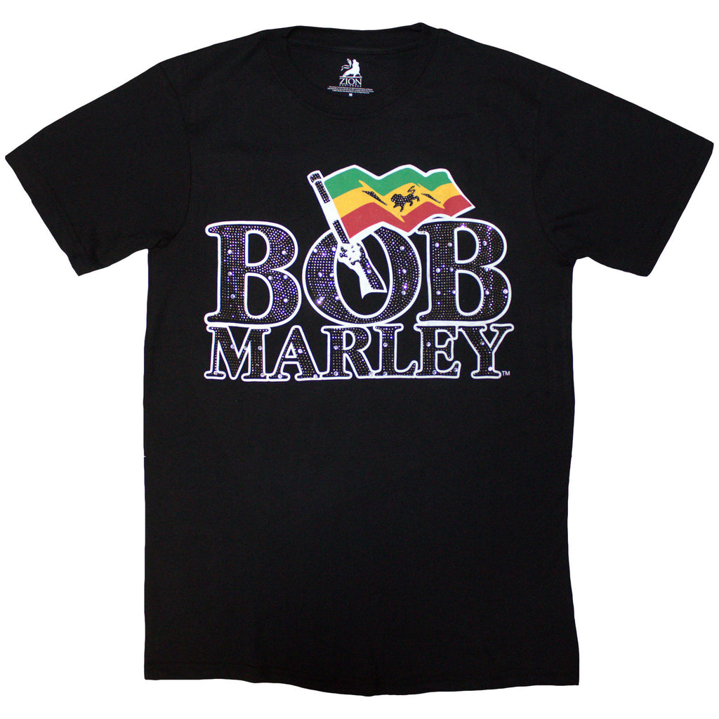 Bob Marley Unisex T-Shirt: Flag Logo (Black) (Embellished)