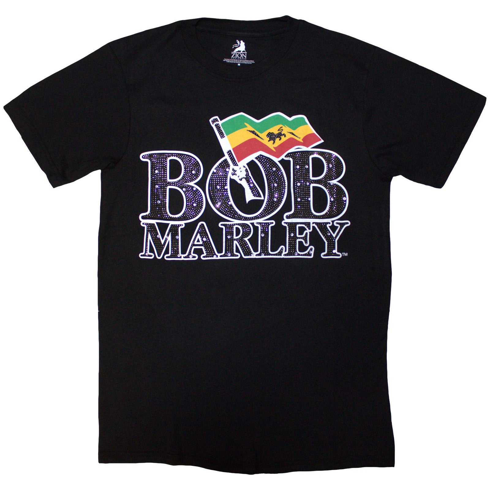 Bob Marley Unisex T-Shirt: Flag Logo (Black) (Embellished)