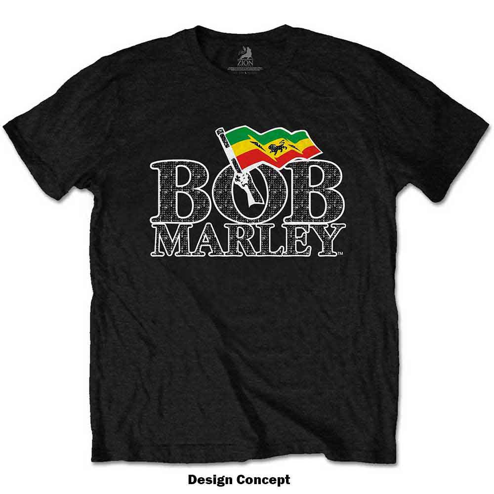 Bob Marley Unisex T-Shirt: Flag Logo (Black) (Embellished)