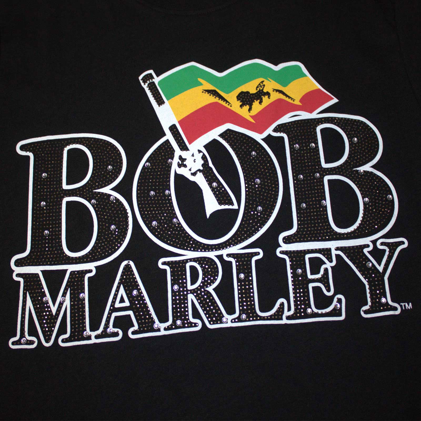 Bob Marley Unisex T-Shirt: Flag Logo (Black) (Embellished)