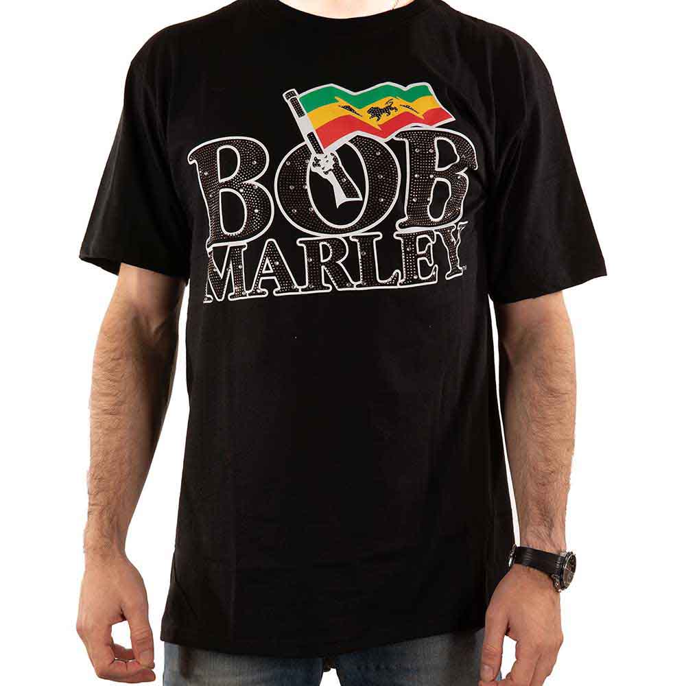 Bob Marley Unisex T-Shirt: Flag Logo (Black) (Embellished)