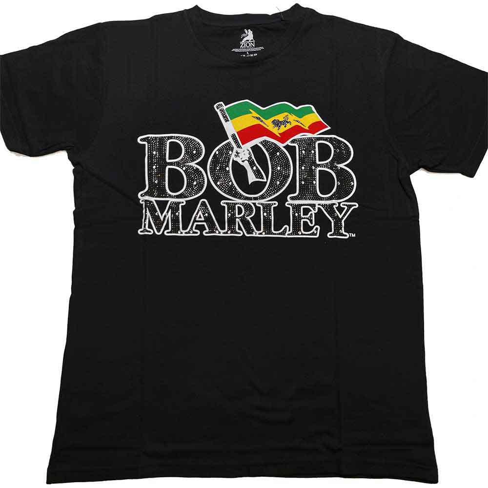 Bob Marley Unisex T-Shirt: Flag Logo (Black) (Embellished)