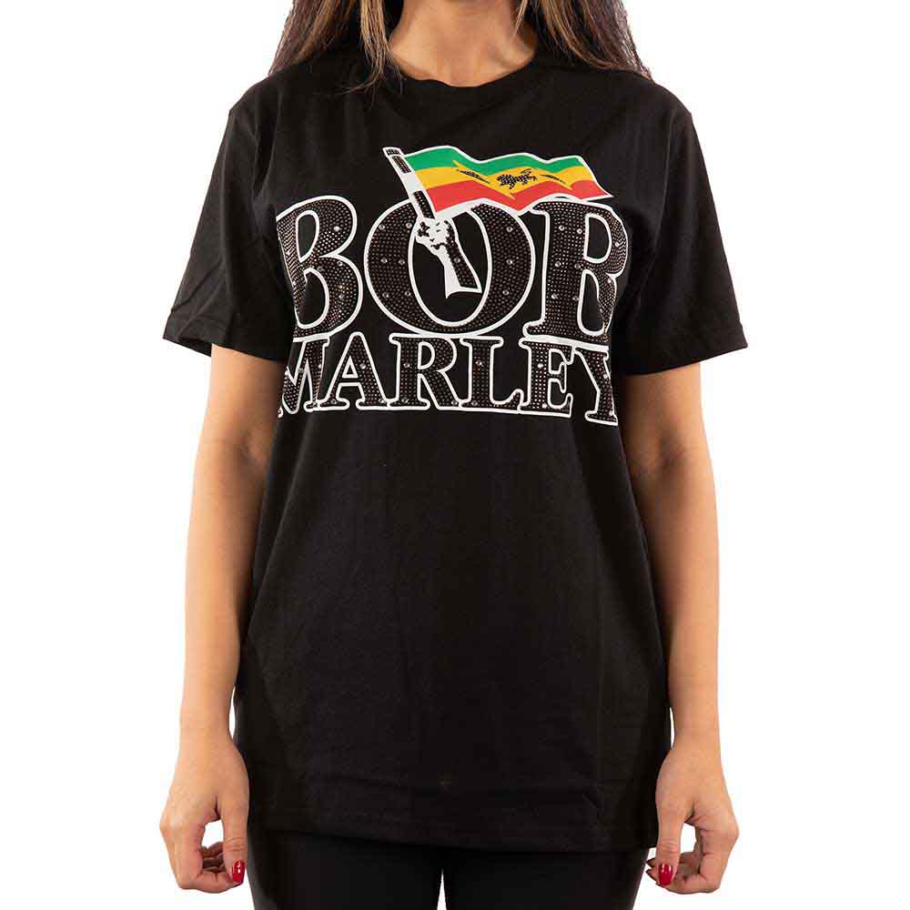 Bob Marley Unisex T-Shirt: Flag Logo (Black) (Embellished)