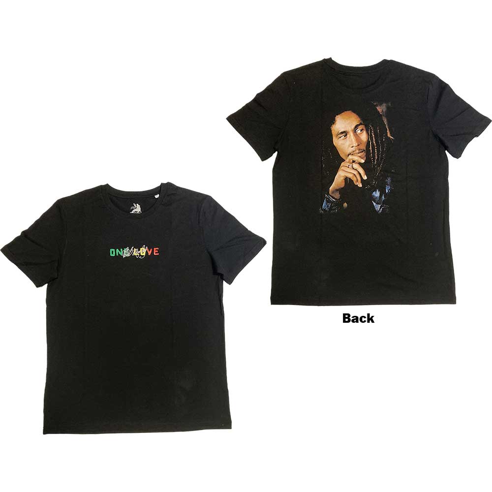 Bob Marley Unisex T-Shirt: One Love Portrait (Black) (Back Print & Embellished)