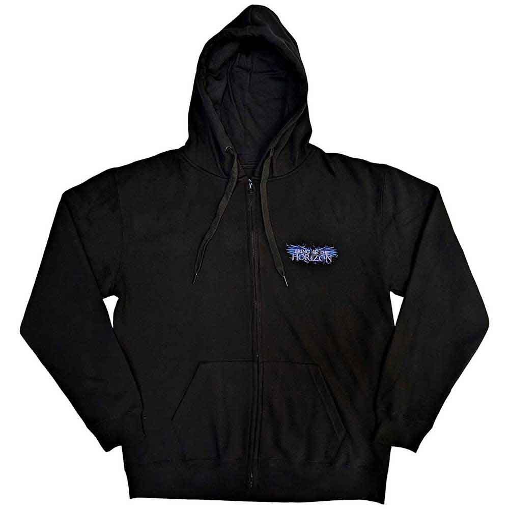 Bring Me The Horizon Unisex Zipped Hoodie: Blue Crow Wings (Black) (Back Print)