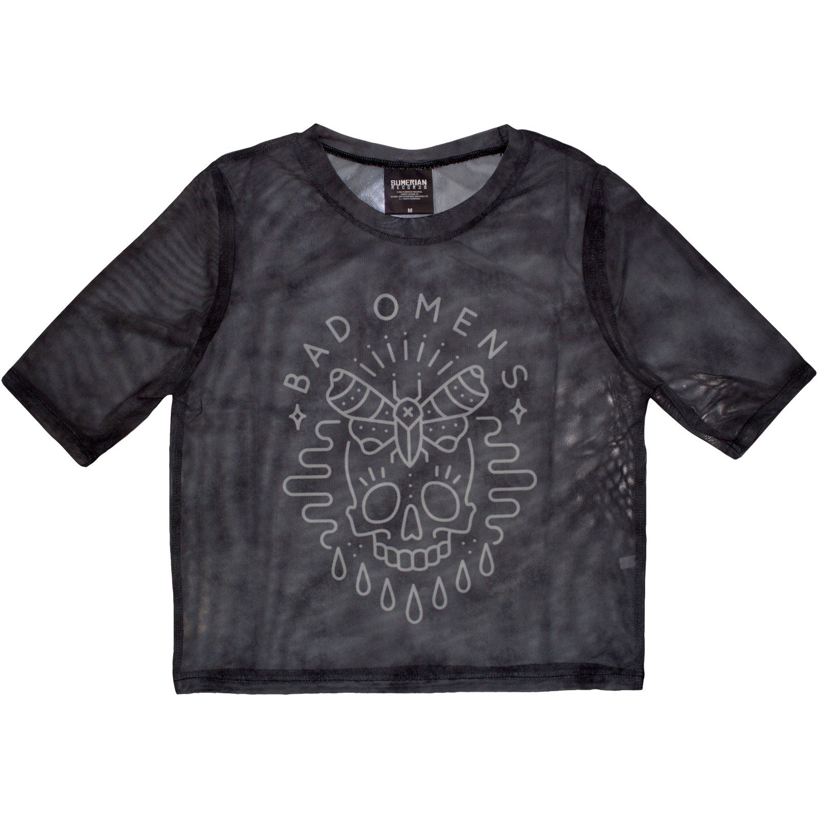 Bad Omens Ladies Mesh Crop Top: Moth Skull (Charcoal Grey)