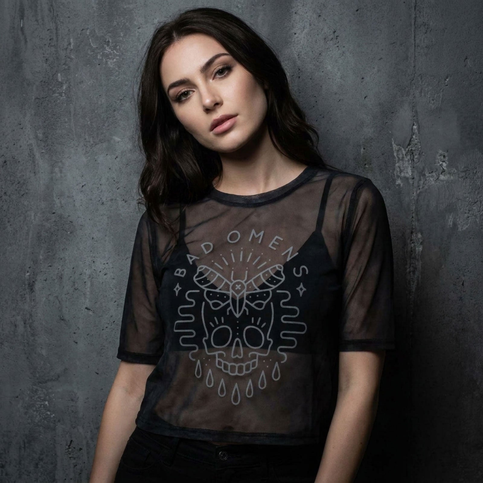 Bad Omens Ladies Mesh Crop Top: Moth Skull (Charcoal Grey)