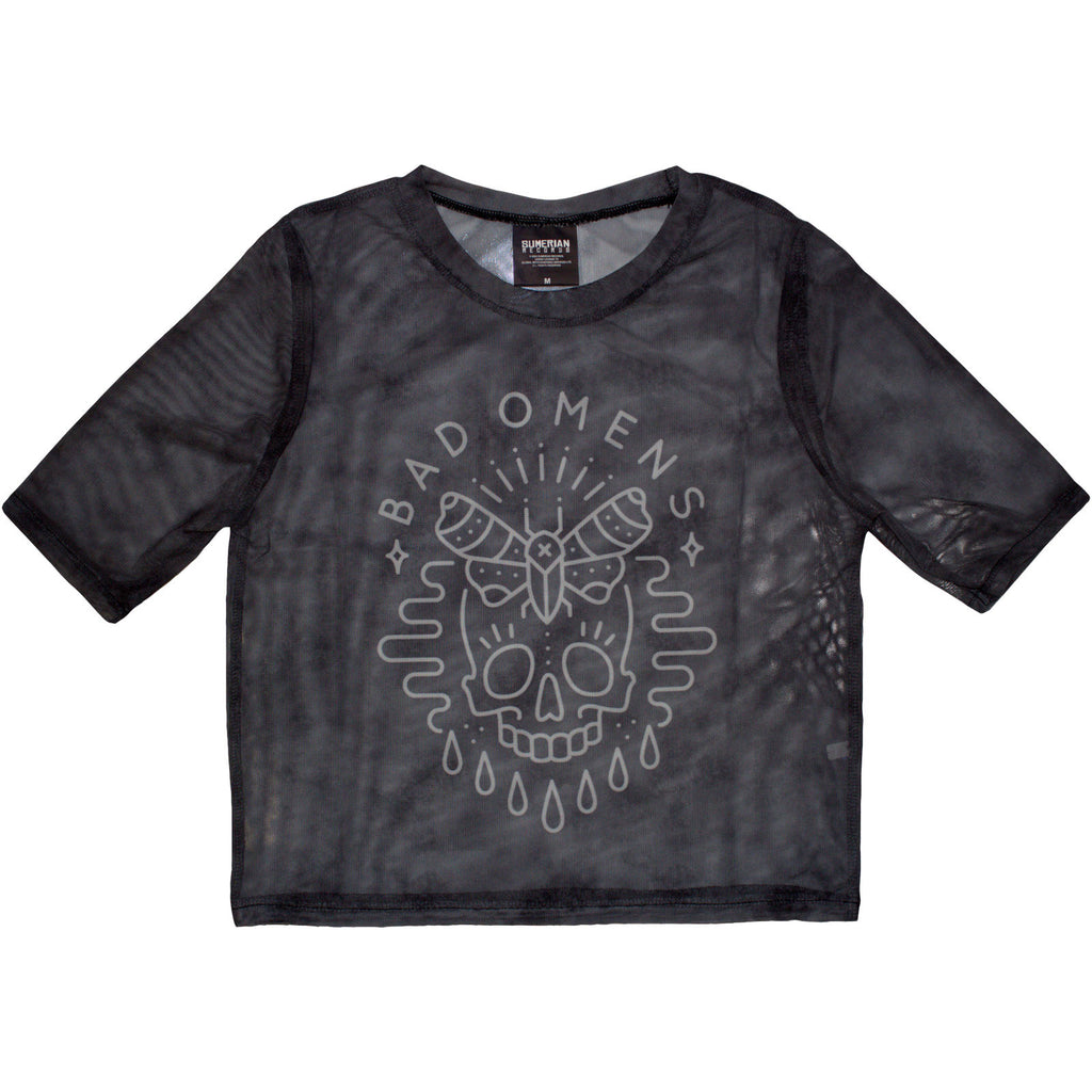 Bad Omens Ladies Mesh Crop Top: Moth Skull (Charcoal Grey)