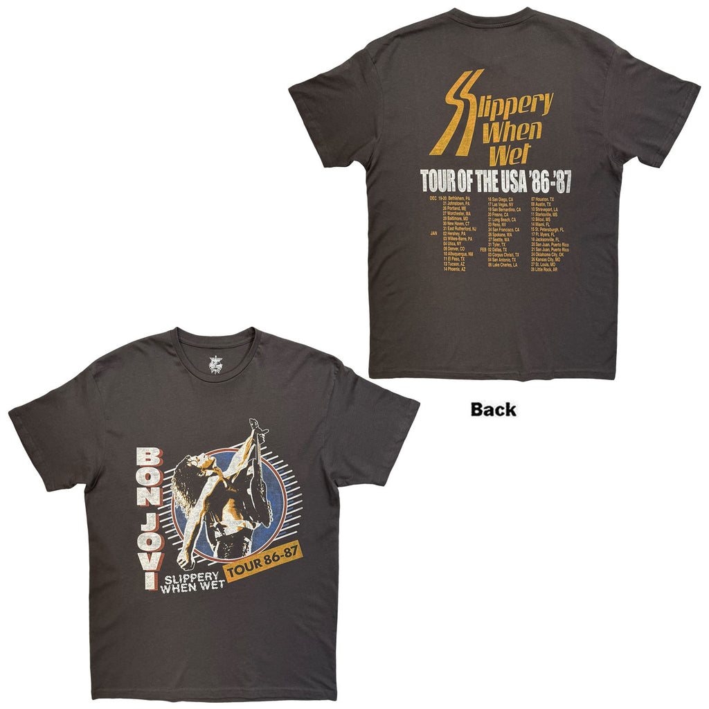 Bon Jovi Unisex T-Shirt: Slippery When Wet Tour '86-'87 (Charcoal Grey) (Back Print)