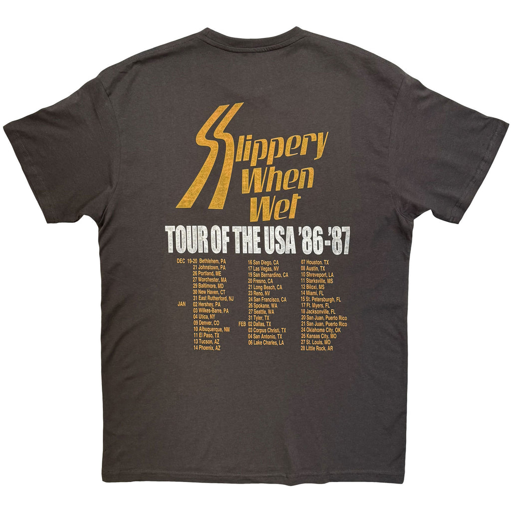 Bon Jovi Unisex T-Shirt: Slippery When Wet Tour '86-'87 (Charcoal Grey) (Back Print)